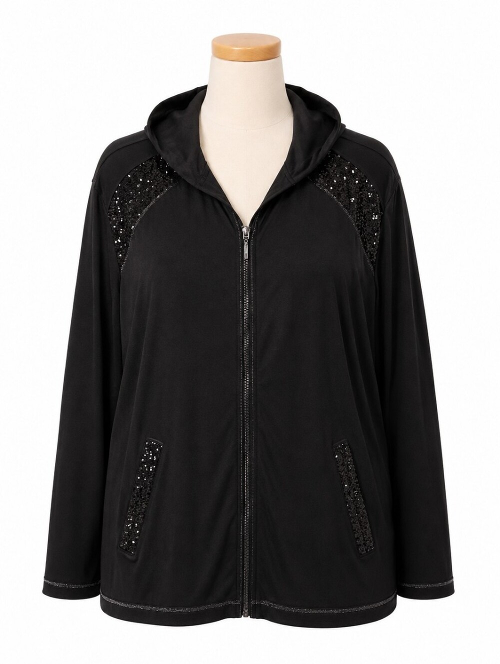 Catherines 2X Black Zip Up Hoodie NWT Plus Size Embellished Yoke Sequins Knit